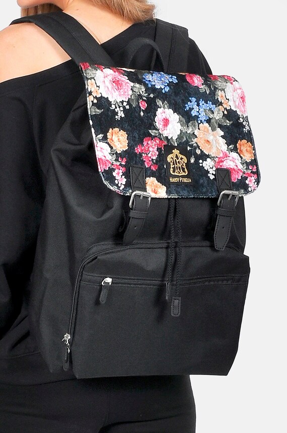 Sac à dos pour ordinateur portable en velours à imprimé floral
