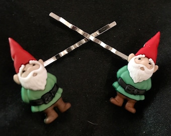 Set Of Hair Pins, Garden Gnomes, Green And Red, Gnome Hair Pins, Gnome Bobby Pins, Bearded Men, Gnome Hair, Hair Ornament, Pointy Hats