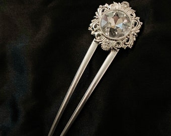 Ornamental Hair Fork, Silver Hair Fork, Art Deco, Art Nouveau, Faceted Crystal, Crystal Center, Bun Holder Hair Pin, Wedding Hair