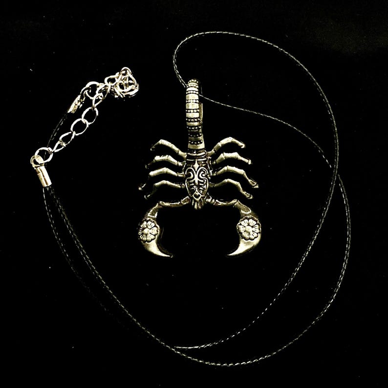 May include: A silver scorpion pendant necklace with a black cord. The scorpion has intricate details and a floral design on its tail.