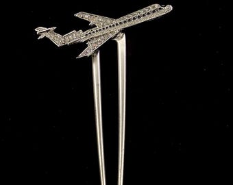 Silver Airplane Hair Fork: Jeweled Jetliner U Shaped Hair Pin Bun Holder