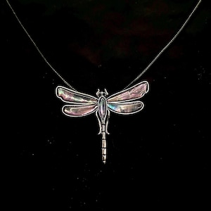Könnte beinhalten: Halskette mit einem silberfarbenen Libellenanhänger. Die Libelle hat schillernde Flügel mit Perlmuttglanz. Der Körper und die Details sind silberfarben, und die Halskette hängt an einer zarten Kette. Der Hintergrund ist schwarz.