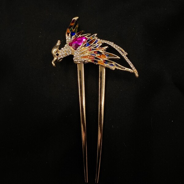 Bird Hair Fork, Phoenix Hair Fork, Rising Phoenix, Rainbow Phoenix, Pink Bird Hair Fork Phoenix Jewelry, Rise From The Ashes, Pink Gold