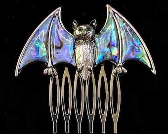 Abalone Bat Hair Comb: Silver Goth Halloween Jewelry