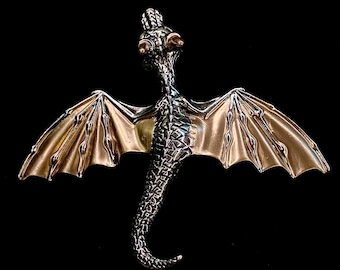 Large Silver Dragon Barrette With Gold Enamel, Wide Ponytail Clip