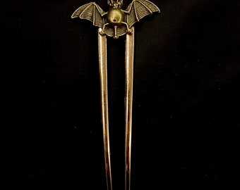 Gold Bat, Bat Hair Pin, Bat Hair Fork, Goth Hair Fork, Bronze Hair Fork, Wing Hair Fork, Bat Jewelry, Halloween Hair, Spooky Hair