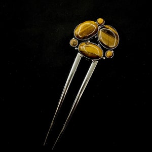 Tigers Eye Hair Fork, Tigers Eye Jewelry, Yellow Reddish Brown, Metal Hair Fork, U Shaped, Silver Hair Pin, Strength Self Confidence