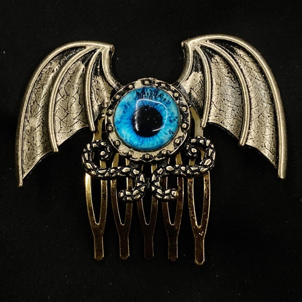 Dragons Eye, Gold Bat, Gold Hair Comb, Goth Hair Comb, Gothic Hair Comb, Wing Hair Comb, Bat Wings, Evil Eye, Blue Eye, Halloween Hair