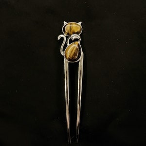 Cat Hair Fork, Tigers Eye Cat, Tigers Eye Hair Fork, Tigers Eye Jewelry, Yellow Reddish Brown, Metal Hair Fork, U Shaped, Silver Hair Pin