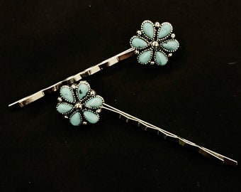 Forcine turchesi, capelli turchesi, forcine per capelli con fiori, argento blu, finto turchese, forcine per capelli turchesi, qualcosa di blu, capelli da sposa