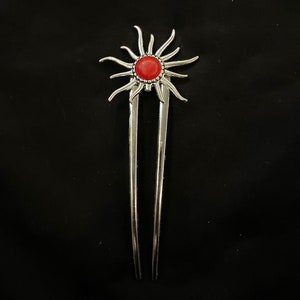 Sun Hair Fork, Red Sun, Red Hair Fork, Silver Sun, Silver Hair Fork, U Shaped Hair Fork, Bun Holder Hair Pin, Sun Jewelry, Red Howlite