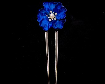 Vintage Brass Blue Enamel Hair Fork Floral Hair Pin Boho Statement bohemian moon // antique brass hair fork stick pin with moon  main image 2