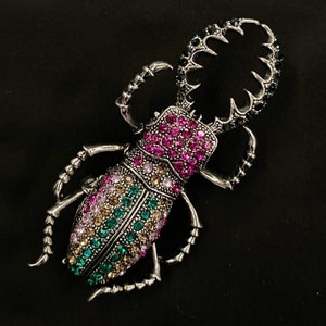 Pink Beetle, Beetle Brooch, Pink Bug, Insect Brooch, Jeweled Insect, Stag Beetle, Silver Insect Brooch, Insect Pin, Pincer Beetle