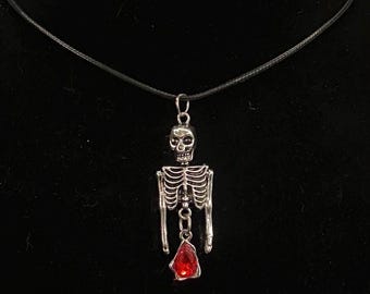 Skull Necklace, Silver Skull, Skeleton Necklace, Halloween Jewelry, Red Gem, Silver Skeleton, Men’s Necklace, Women’s Necklace, Small Skull
