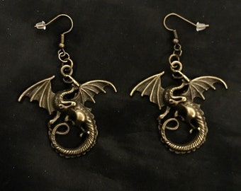 Dragon Earrings, Bronze Dragon, Copper Earring, Metal Dragons, Dragon Wings, Mythical Creature, Renaissance Fair, Flying Dragon
