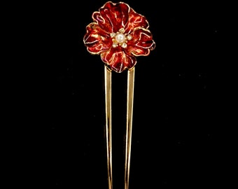 Flower Hair Fork, Red Pansy, Pansy Hair Fork, Flowers For Hair, Gold Hair Fork, U Shaped Hair Fork, Red Gold, Hair Pin Bun Holder