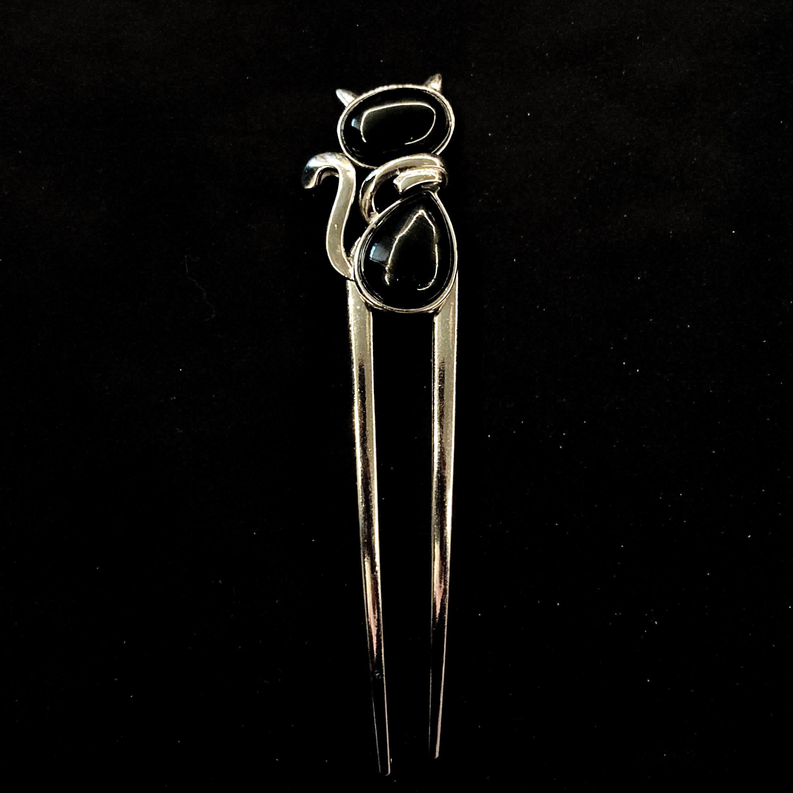 Cat Hair Fork, Onyx Cat, Onyx Hair Fork, Onyx Jewelry, Black 