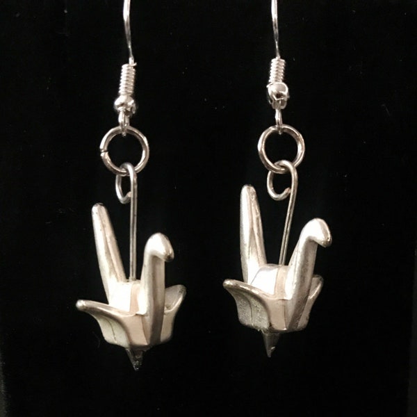 Silver Crane, Origami Crane, Silver Crane Earrings, Metal Origami Crane, Crane Earrings, Crane Jewelry, Bird Earrings, Bird Jewelry