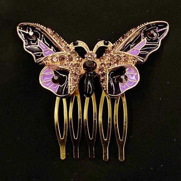Hair Comb, Purple Butterfly, Jeweled Butterfly, Butterfly Hair Comb, Purple Enamel, Butterfly Hair, Sparkling Butterfly, Insect Hair Comb