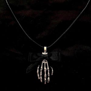Skeleton Hand, Black Bow, Bow Necklace, Silver Skeleton Hand, Hand Necklace, Skeleton Necklace, Skull Necklace, Black Ribbon