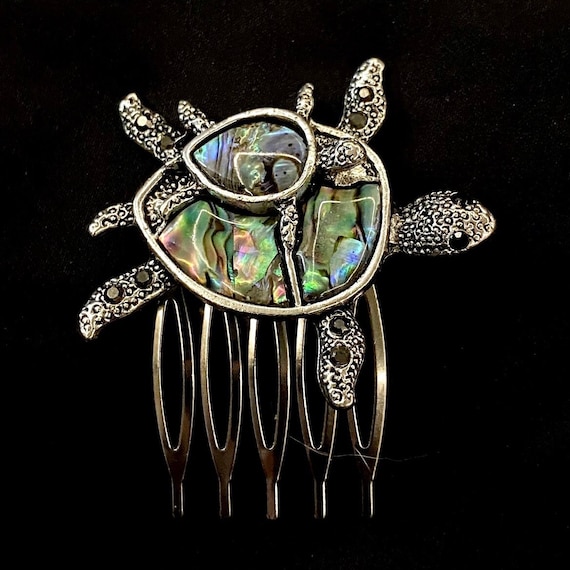 ANTIQUE VINTAGE FAUX TORTOISE STERLING SLVER TURQUOISE INLAID HAIR COMB ORNAMENT Antique Silver Tortoise Shell Comb and Case Adorned With  main image 2