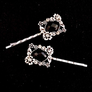 Silver Metal, Art Nouveau, Ornament, Faceted Black Crystal, Flower Details, Floral Accents, Art Nouveau Hair, Hair Pins, Bobby Pins,