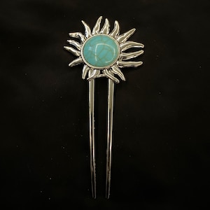 Sun Hair Fork, Turquoise Hair Fork, Faux Turquoise, Silver Sun, Silver Hair Fork, U Shaped Hair Fork, Bun Holder Hair Pin, Sun Jewelry
