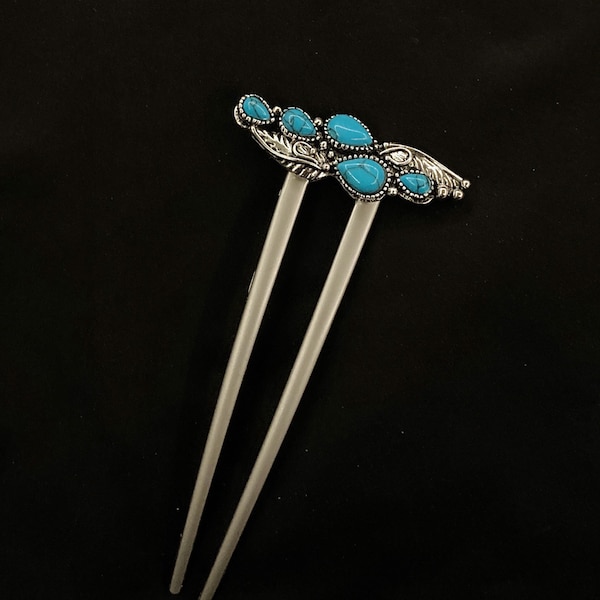 Turquoise Hair Fork, Turquoise Hair, Art Deco, Turquoise Resin, Faux Turquoise, Silver Hair Fork, Something Blue, U Shaped Hair Fork