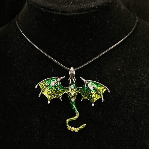 Dragon Necklace, Dragon Pendant, Green Dragon, Silver Dragon, Dragon Jewelry, Mythical Creature, Dragon Scales, Dragon Wings