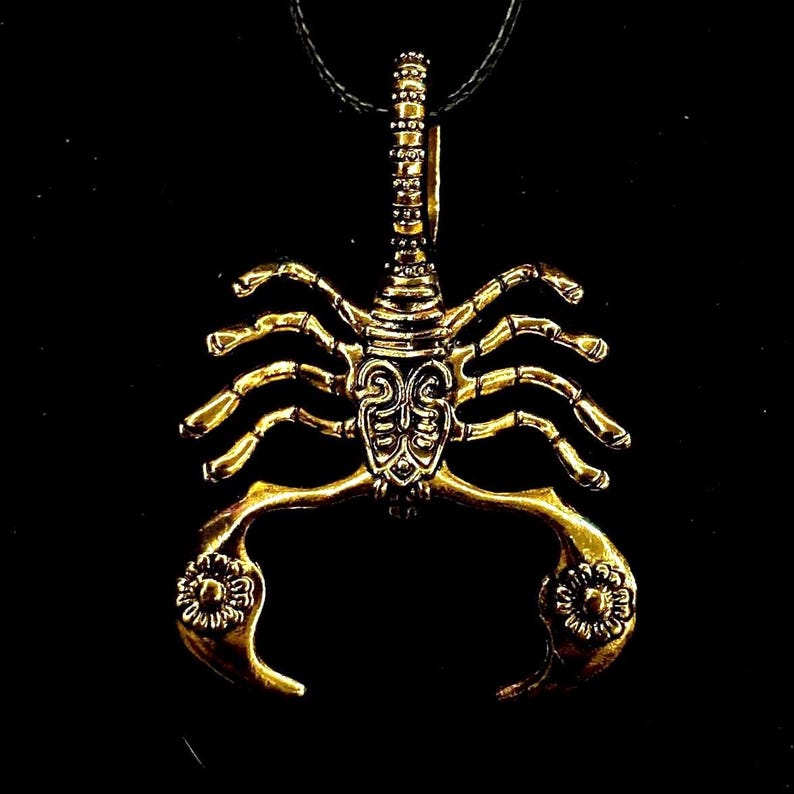 K&ouml;nnte beinhalten: Eine goldfarbene Skorpion-Anh&auml;nger-Halskette. Der Skorpion ist mit komplizierten Schnitzereien verziert und hat eine schwarze Schnur.