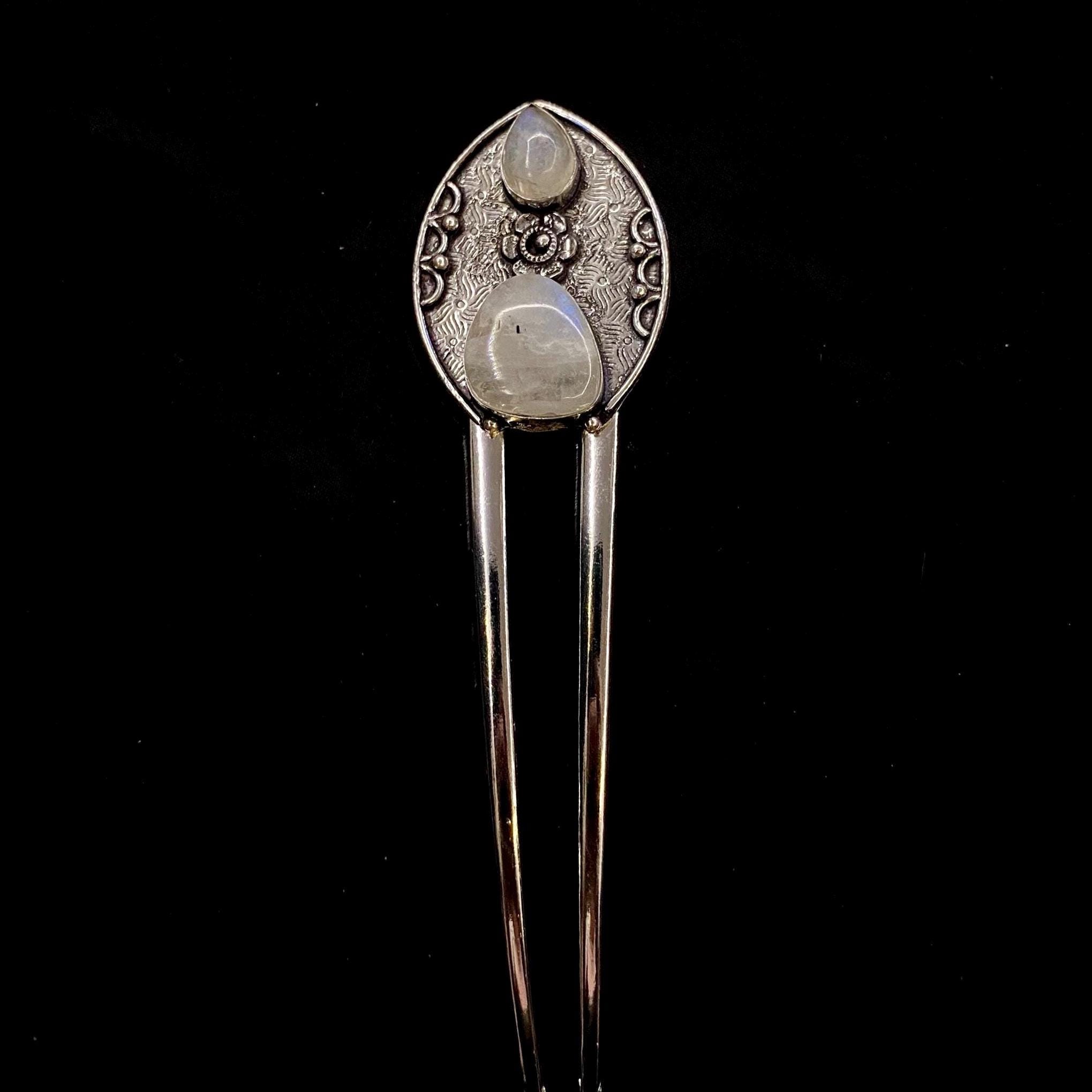 Rainbow Moonstone Large Eclectic Silver Artisan Hair Pin, 4.5” Blue-Violet flash Flash Moonstone Hair Fork Sterling Silver and Blue Topaz - Etsy main image 4