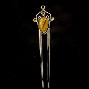 Tigers Eye Hair Fork, Tigers Eye Jewelry, Yellow Reddish Brown, Citrine Hair Fork,  Metal Hair Fork, U Shaped, Silver Hair Pin, Strength
