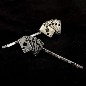 Speelkaartspelden, Royal Flush, zwarte schoppen, zilveren haarspeldjes, zilveren haarspelden, zwarte speelkaarten, zwart zilver, aas koning koningin