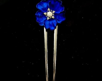 Flower Hair Fork, Blue Pansy, Pansy Hair Fork, Flowers For Hair, Silver Hair Fork, U Shaped Hair Fork, Blue Silver, Hair Pin Bun Holder