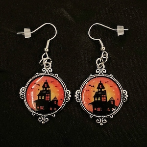 Haunted House, Haunted Earrings, Haunted Jewelry, Dilapidated House , Halloween Earrings, Orange Black, Halloween Jewelry,