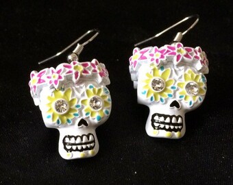 Day Of The Dead, Sugar Skull, Skull Earrings, Sugar Skull Earrings, Sugar Skull Jewelry, White Skulls, Day Dead Earring, Colorful Skull