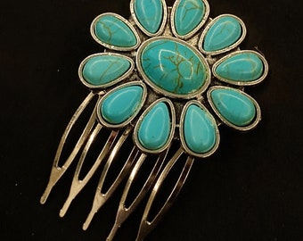 Turquoise Comb, Turquoise Hair Comb, Turquoise Hair, Turquoise Howlite, Faux Turquoise, Silver Hair Comb, Something Blue, Turquoise Concho