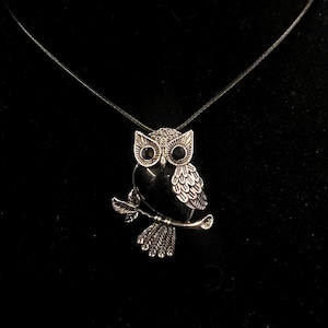 Bird Necklace, Black Onyx, Semi Precious, Owl Necklace, Silver Owl, Owl Pendant, Bird Pendant, Night Owl, Owl Pendant, Perched Owl