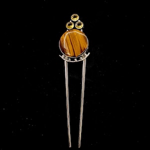 Tigers Eye Hair Fork, Tigers Eye Jewelry, Yellow Reddish Brown, Citrine Hair Fork,  Metal Hair Fork, U Shaped, Silver Hair Pin, Strength