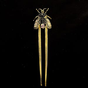 Extra Long Hair Fork, Black Bee Hair Fork, Black White Gold, Insect Hair Fork, Bug Hair Fork, Jeweled Insect, Jeweled Bug, Honey Bee,