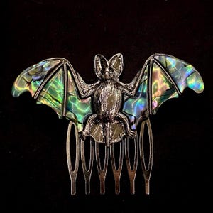 Abalone Bat, Abalone Hair Comb, Silver Bat, Bat Hair Comb, Goth Hair Comb, Silver Hair Comb, Bat Jewelry, Halloween Hair Comb