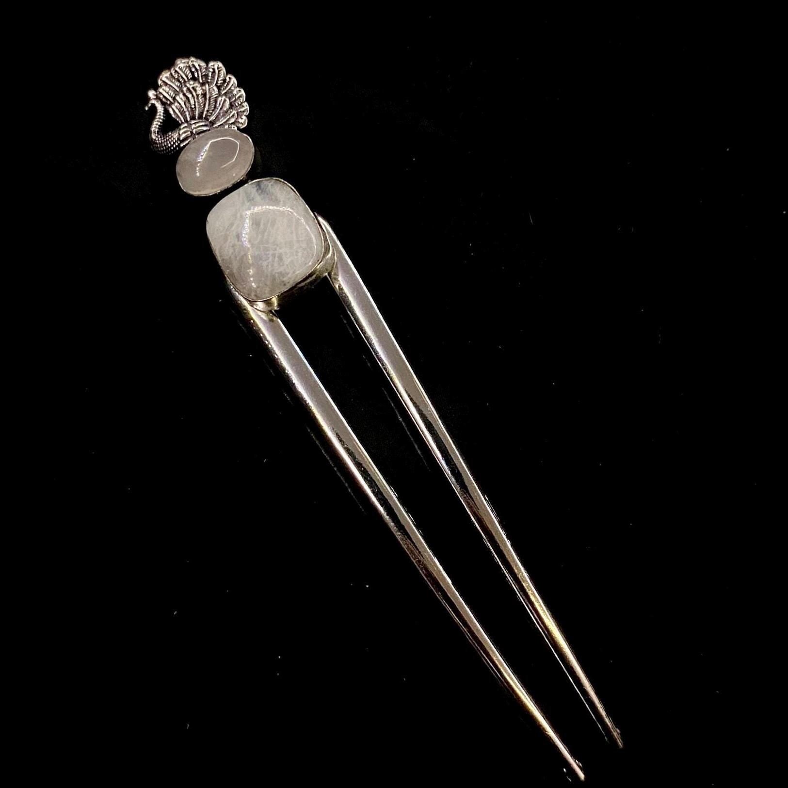 Moonstone Hair Fork, Peacock Hair Fork, Moonstone Jewelry, Natural
