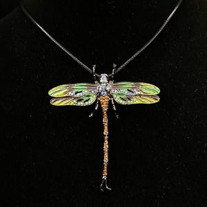 Dragonfly Necklace, Green Dragonfly, Articulated Tail, Green Blue Orange, Insect Necklace, Dragonfly Pendant, Dragonfly Jewelry
