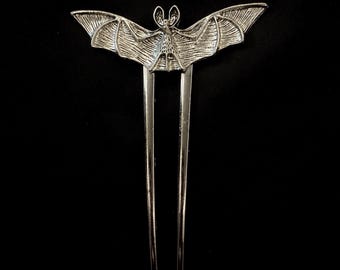 Silver Bat, Bat Hair Pin, Large Bat, Bat Hair Fork, Goth Hair Fork, Silver Hair Fork, Wing Hair Fork, Bat Jewelry, Halloween Hair,