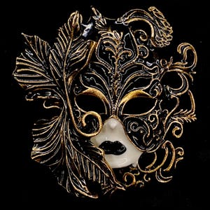 Ornate Masquerade Mask Brooch: Black & Gold Carnival Pin/Pendant
