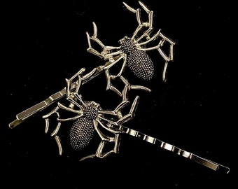 Spider Hair Pins, Silver Spider, Goth Hair Pins, Spider Jewelry, Arachnid Hair Pins, Halloween Spiders, Halloween Jewelry, Spider Bobby Pins