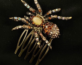 Gold Spider, Spider Hair Comb, Goth Hair Comb, Spider Jewelry, Arachnid Hair Comb, Entomology Hair Comb, Brown Spider