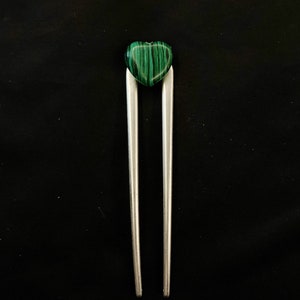 Malachite Hair Fork, Heart Hair Fork, Heart Malachite, Green Stone Hair, Green Silver, Green Stripes, U Shaped, Silver Hair Fork, Hair Pin