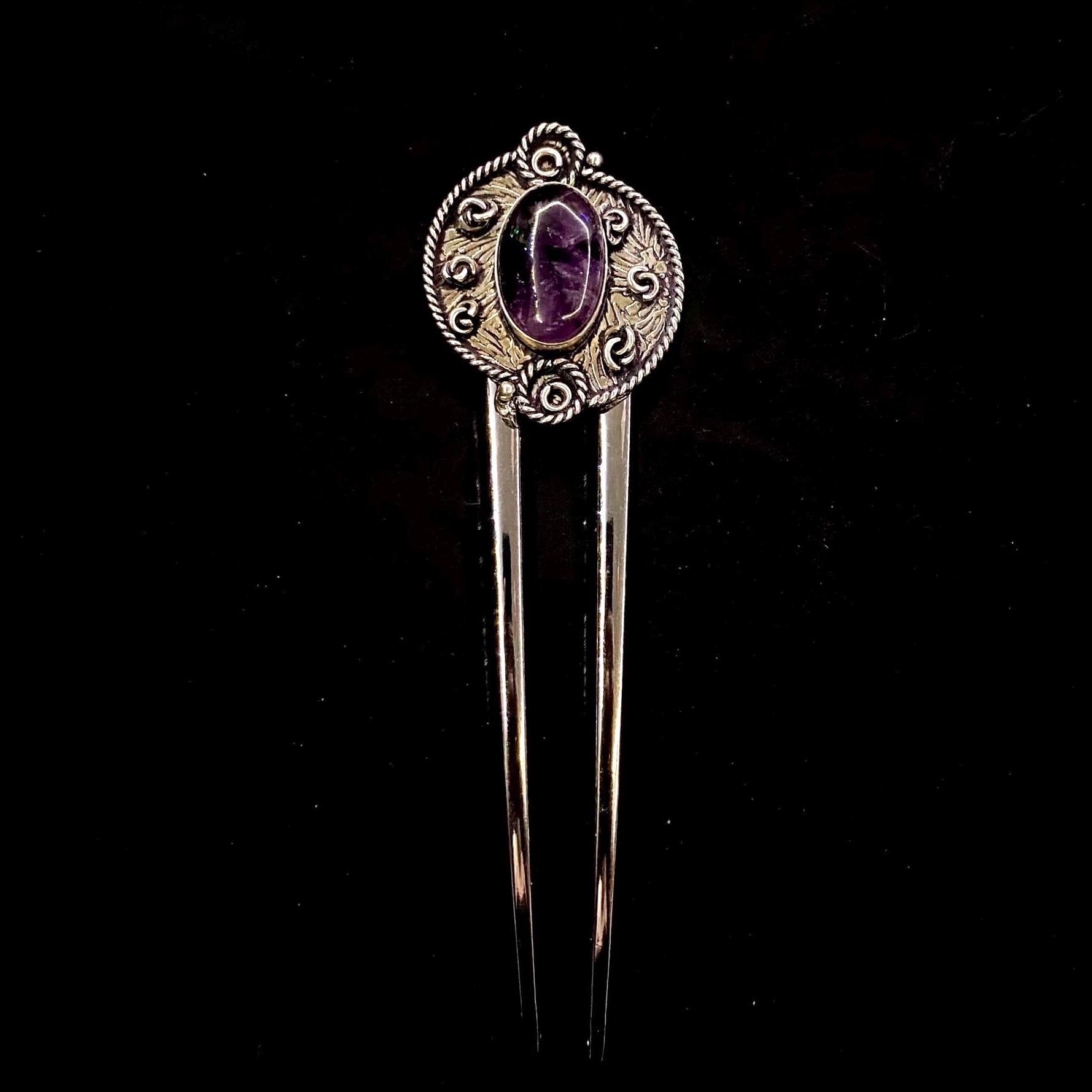 Amethyst Hair Fork, Oval Amethyst, February Birth Stone, Purple White, Purple Stone, 925 Silver, Bun Holder, Purple Hair Fork, Semi Precious