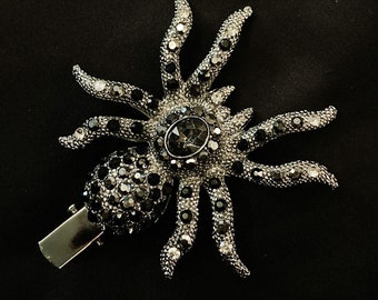 Gioiello Per Capelli A Forma Di Ragno In Cristallo Austriaco Nero, Argento, Fermaglio E Spilla, Confezione Regalo, Senza Nickel, Per Halloween E Feste